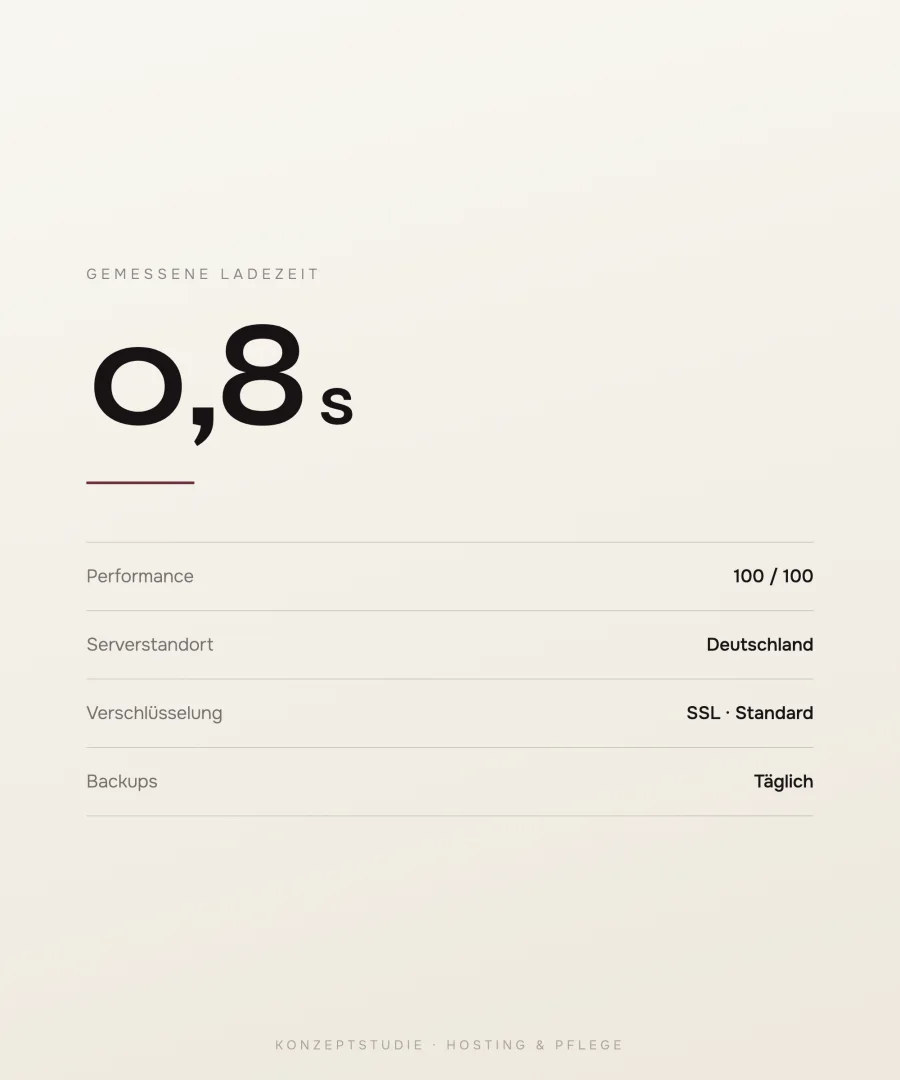 Gemessene Kennwerte — Ladezeit, Performance, Serverstandort Deutschland (Konzeptdarstellung)