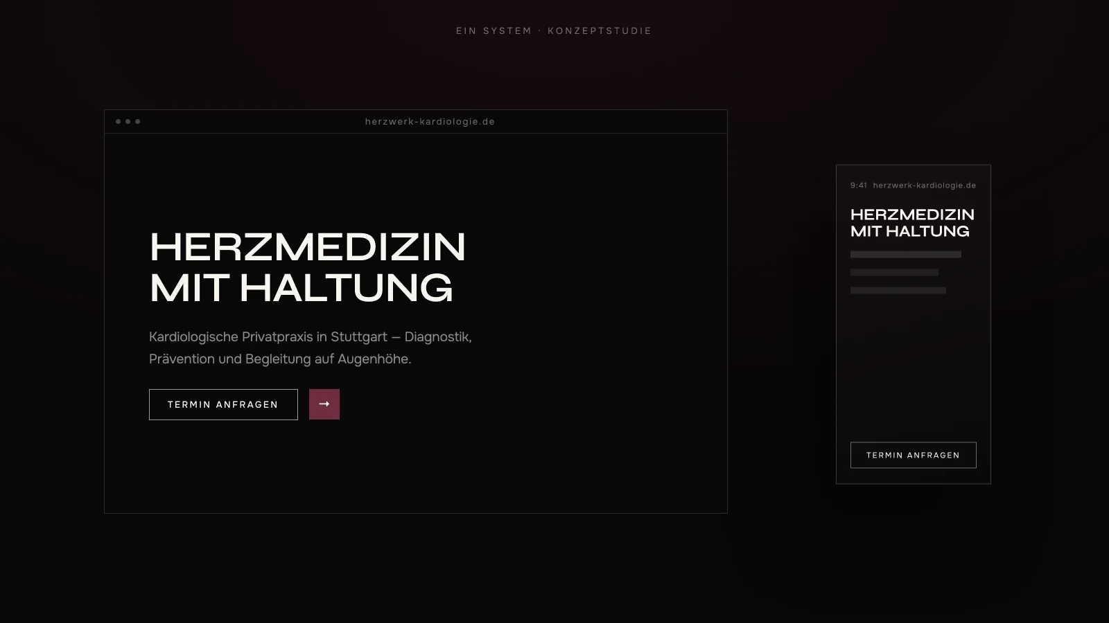 Website, Mobile-Ansicht und Unterseiten einer fiktiven Praxis als abgestimmtes System